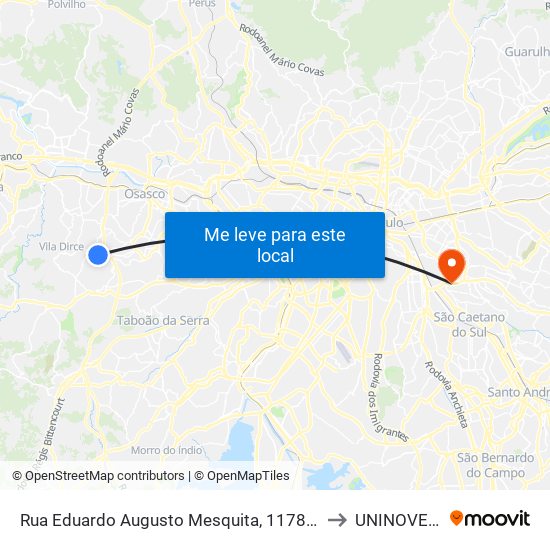 Rua Eduardo Augusto Mesquita, 1178 - Terminal da Linha 181 No Parque Santa Tereza - Jardim Elzinha, Carapicuíba to UNINOVE - Campus Vila Prudente map