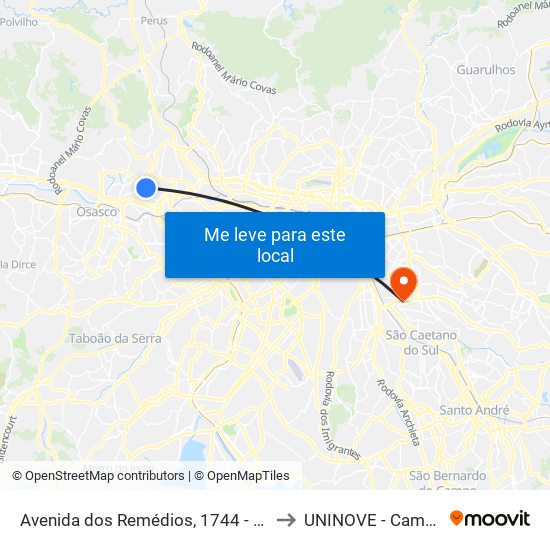 Avenida dos Remédios, 1744 - Vila Santa Edwiges, São Paulo to UNINOVE - Campus Vila Prudente map