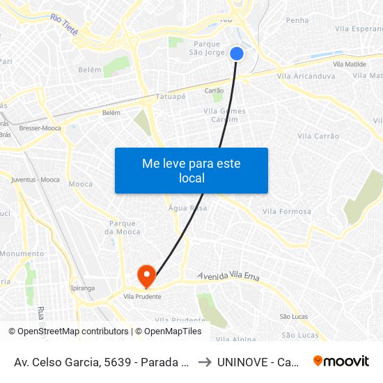 Av. Celso Garcia, 5639 - Parada Retiro 1/2/3 - Maranhão, São Paulo to UNINOVE - Campus Vila Prudente map