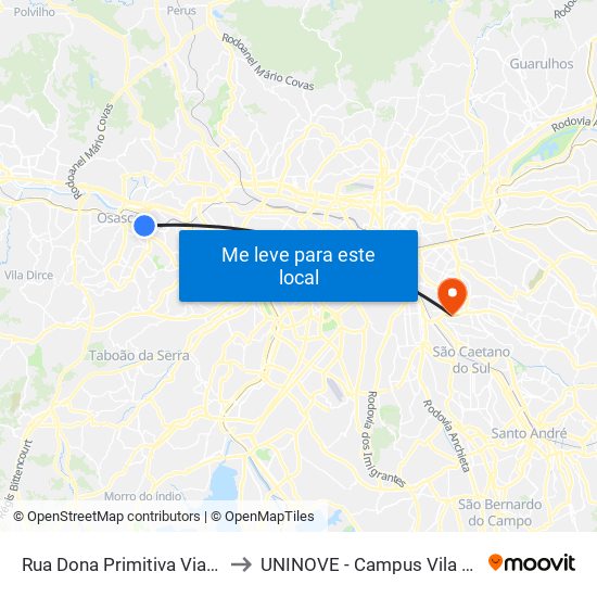 Rua Dona Primitiva Vianco 475 to UNINOVE - Campus Vila Prudente map