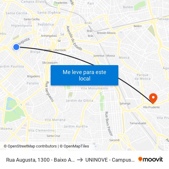 Rua Augusta, 1300 - Baixo Augusta, São Paulo to UNINOVE - Campus Vila Prudente map