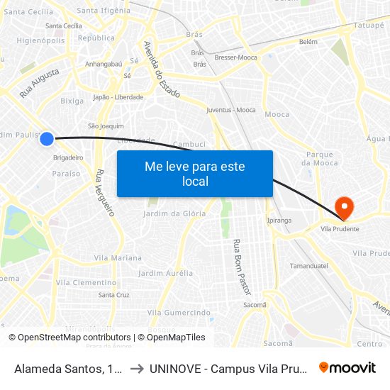 Alameda Santos, 1039 to UNINOVE - Campus Vila Prudente map