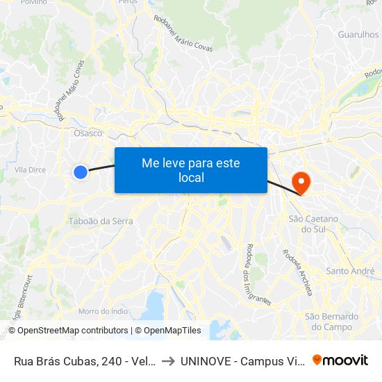 Rua Brás Cubas, 240 - Veloso, Osasco to UNINOVE - Campus Vila Prudente map