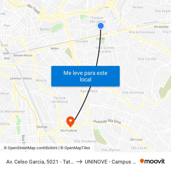 Av. Celso Garcia, 5021 - Tatuapé, São Paulo to UNINOVE - Campus Vila Prudente map