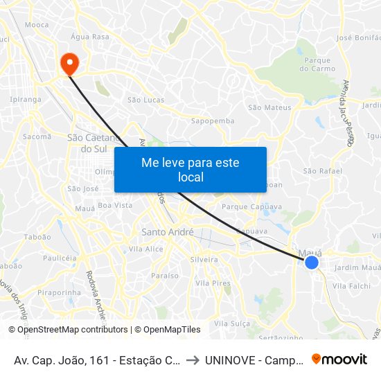 Av. Cap. João, 161 - Estação CPTM Mauá - Matriz, Mauá to UNINOVE - Campus Vila Prudente map