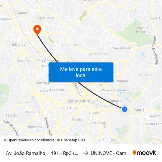 Av. João Ramalho, 1491 - Rp3 (Regiões de Planejamento), Mauá to UNINOVE - Campus Vila Prudente map