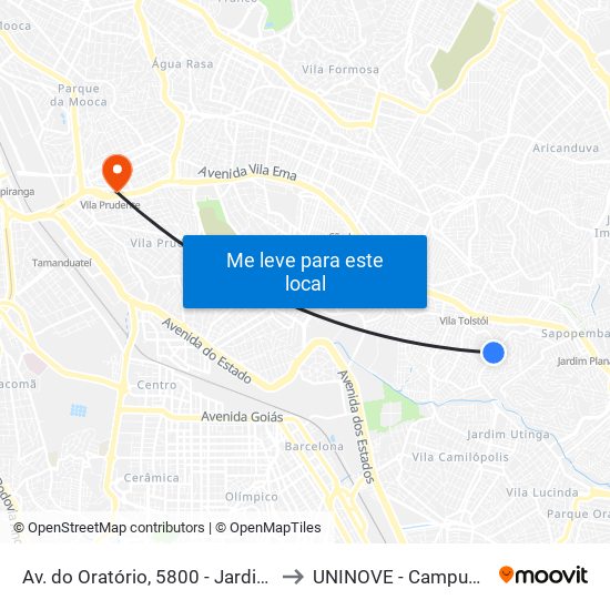 Av. do Oratório, 5800 - Jardim Mimar, São Paulo to UNINOVE - Campus Vila Prudente map