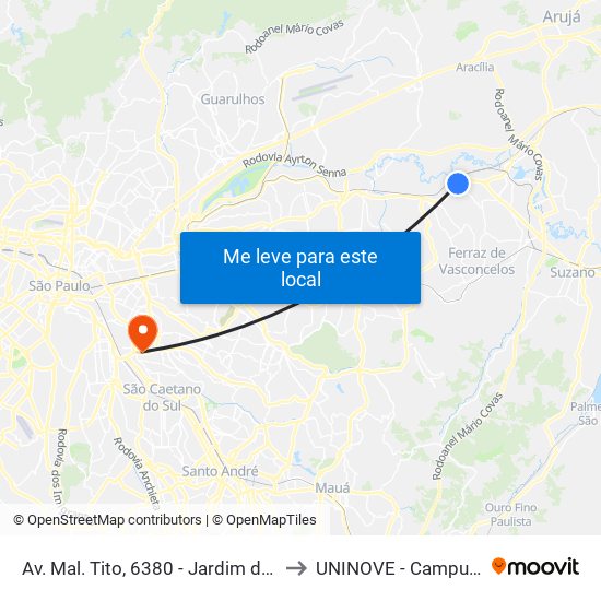 Av. Mal. Tito, 6380 - Jardim das Oliveiras, São Paulo to UNINOVE - Campus Vila Prudente map