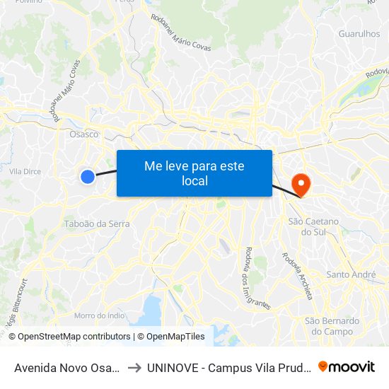 Avenida Novo Osasco to UNINOVE - Campus Vila Prudente map