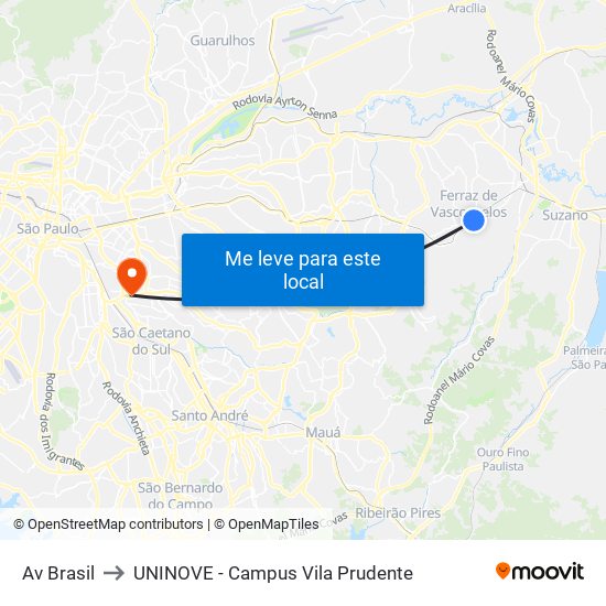 Av Brasil to UNINOVE - Campus Vila Prudente map