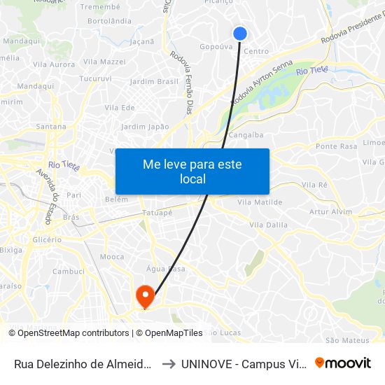 Rua Delezinho de Almeida Franco 160 to UNINOVE - Campus Vila Prudente map