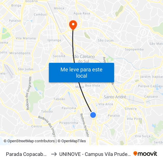 Parada Copacabana to UNINOVE - Campus Vila Prudente map