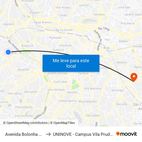 Avenida Bolonha 168 to UNINOVE - Campus Vila Prudente map