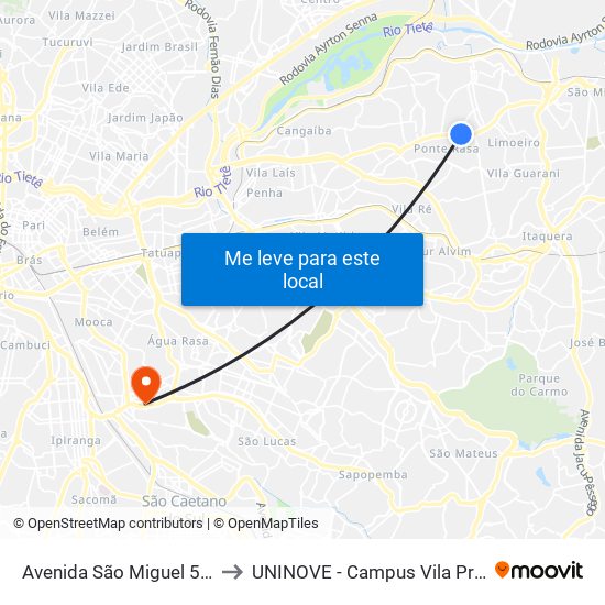 Avenida São Miguel 5263 B to UNINOVE - Campus Vila Prudente map