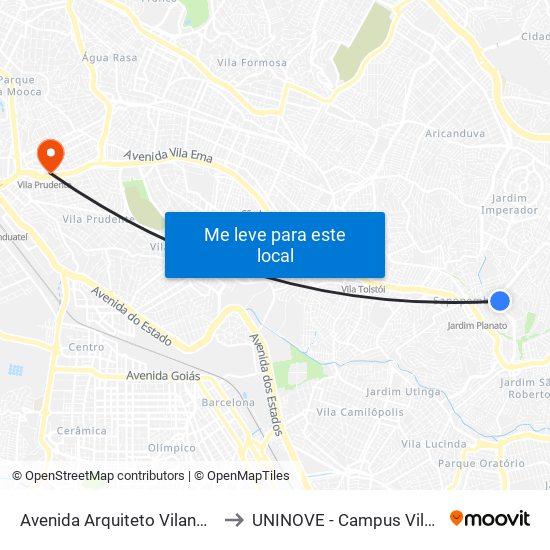 Avenida Arquiteto Vilanova Artigas to UNINOVE - Campus Vila Prudente map