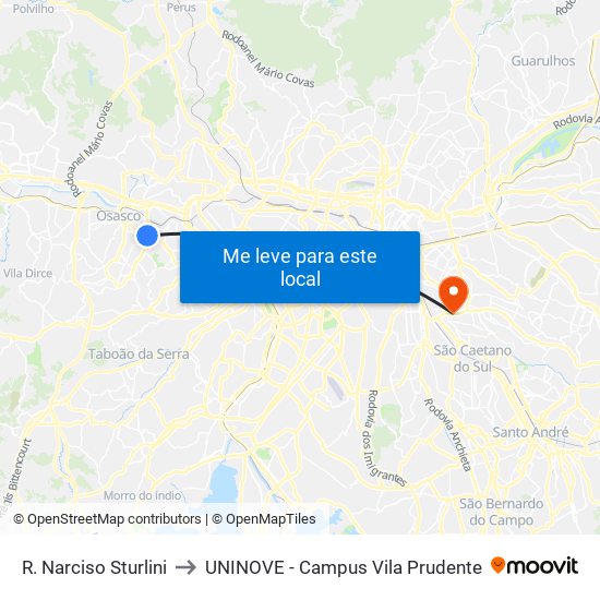 R. Narciso Sturlini to UNINOVE - Campus Vila Prudente map