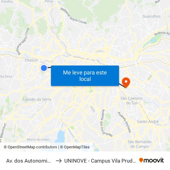 Av. dos Autonomistas to UNINOVE - Campus Vila Prudente map