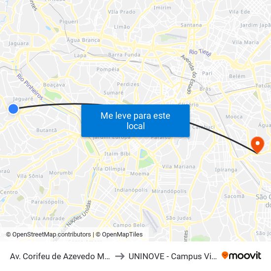 Av. Corifeu de Azevedo Marques 4947 to UNINOVE - Campus Vila Prudente map