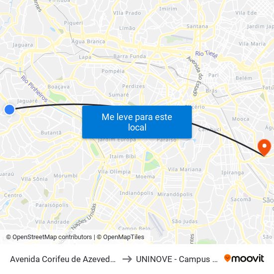 Avenida Corifeu de Azevedo Marques 5643 to UNINOVE - Campus Vila Prudente map