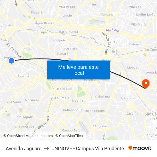 Avenida Jaguaré to UNINOVE - Campus Vila Prudente map