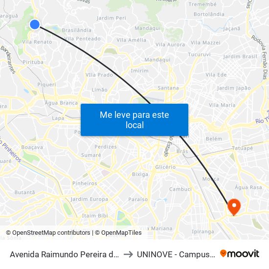 Avenida Raimundo Pereira de Magalhães 8889 to UNINOVE - Campus Vila Prudente map