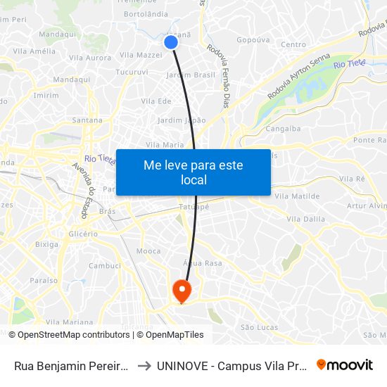 Rua Benjamin Pereira 800 to UNINOVE - Campus Vila Prudente map