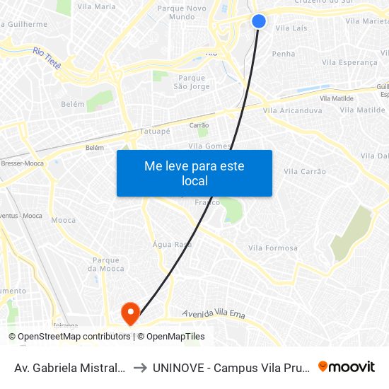 Av. Gabriela Mistral 500 to UNINOVE - Campus Vila Prudente map