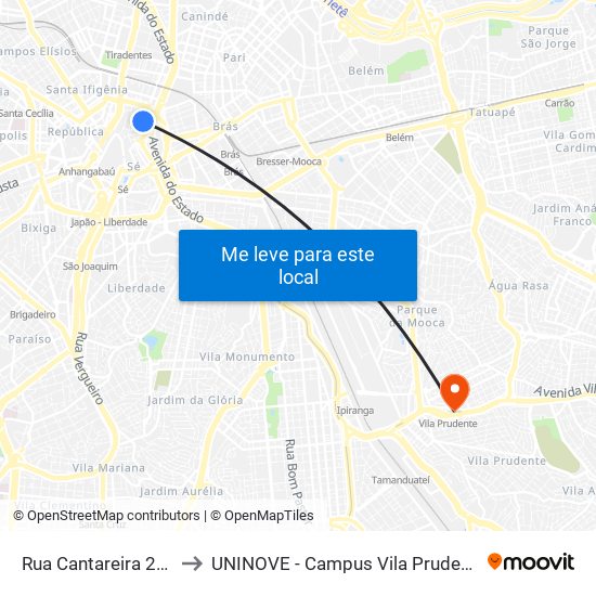 Rua Cantareira 271 to UNINOVE - Campus Vila Prudente map