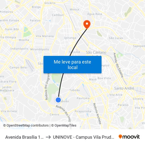 Avenida Brasília 194 to UNINOVE - Campus Vila Prudente map