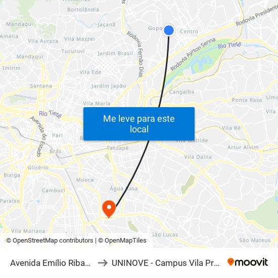 Avenida Emílio Ribas 720 to UNINOVE - Campus Vila Prudente map