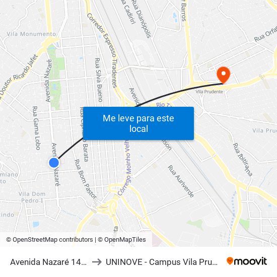 Avenida Nazaré 1416a to UNINOVE - Campus Vila Prudente map