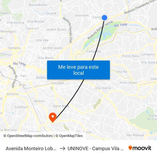 Avenida Monteiro Lobato 803 to UNINOVE - Campus Vila Prudente map