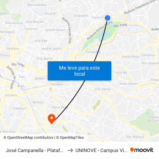 José Campanella - Plataforma Taboão to UNINOVE - Campus Vila Prudente map