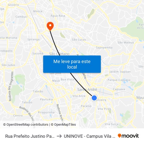 Rua Prefeito Justino Paixão 698 to UNINOVE - Campus Vila Prudente map