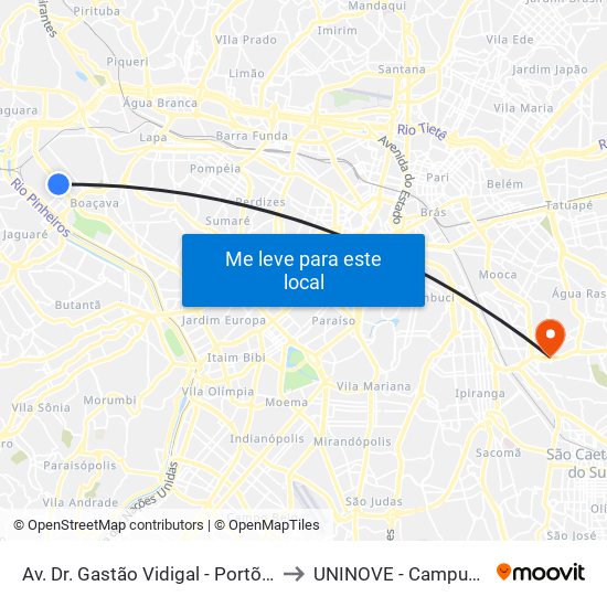 Av. Dr. Gastão Vidigal - Portões 4 e 5 da Ceagesp to UNINOVE - Campus Vila Prudente map