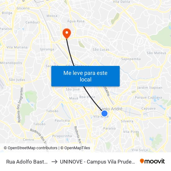 Rua Adolfo Bastos to UNINOVE - Campus Vila Prudente map