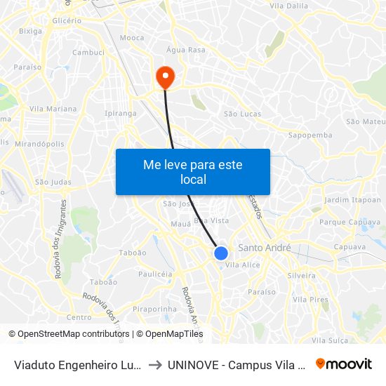 Viaduto Engenheiro Luís Meira to UNINOVE - Campus Vila Prudente map