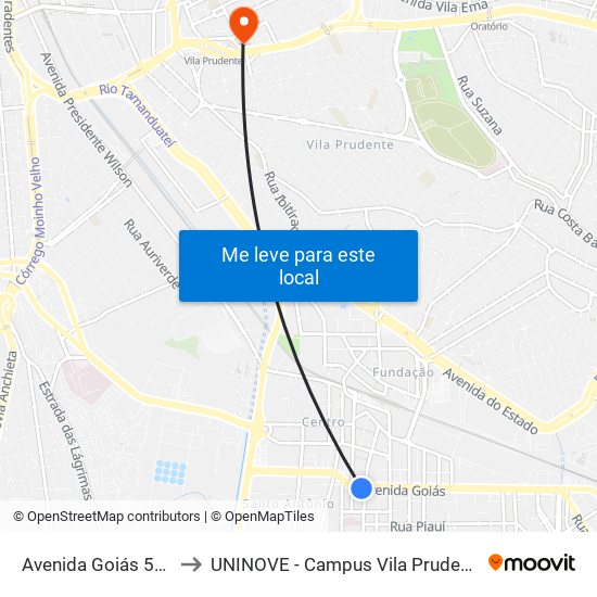 Avenida Goiás 500 to UNINOVE - Campus Vila Prudente map