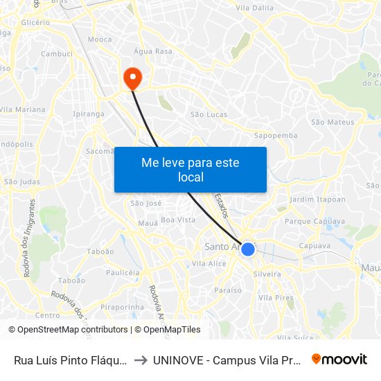 Rua Luís Pinto Fláquer 70 to UNINOVE - Campus Vila Prudente map