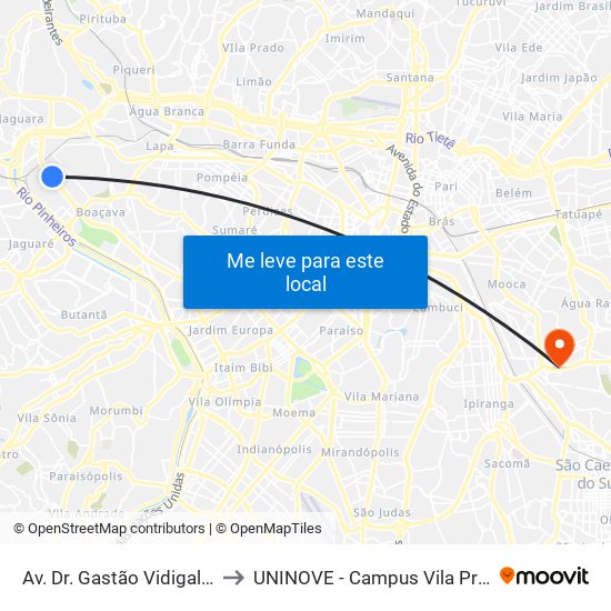Av. Dr. Gastão Vidigal 1437 to UNINOVE - Campus Vila Prudente map