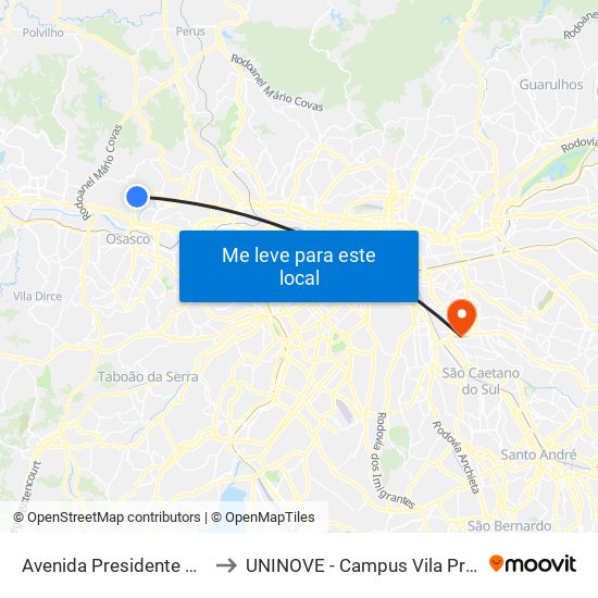 Avenida Presidente Médici to UNINOVE - Campus Vila Prudente map