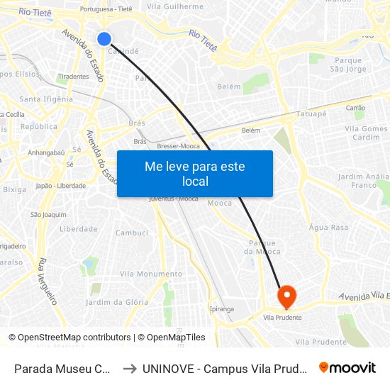 Parada Museu Cmtc to UNINOVE - Campus Vila Prudente map