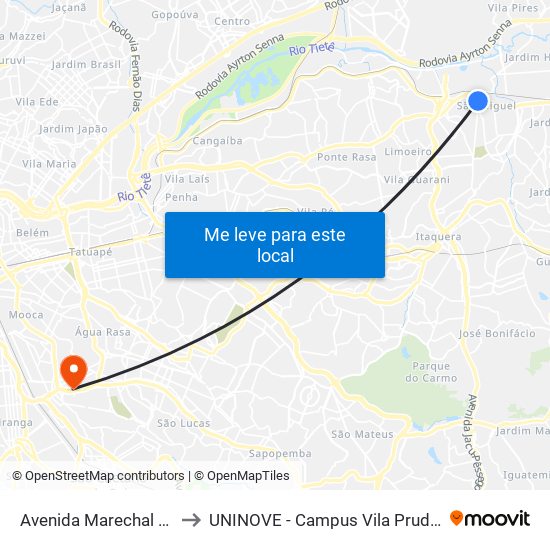 Avenida Marechal Tito to UNINOVE - Campus Vila Prudente map