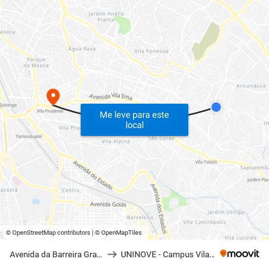 Avenida da Barreira Grande 1213 to UNINOVE - Campus Vila Prudente map