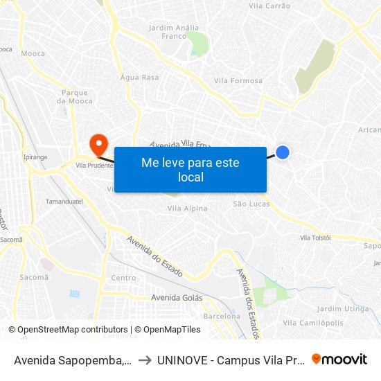 Avenida Sapopemba, 5840 to UNINOVE - Campus Vila Prudente map