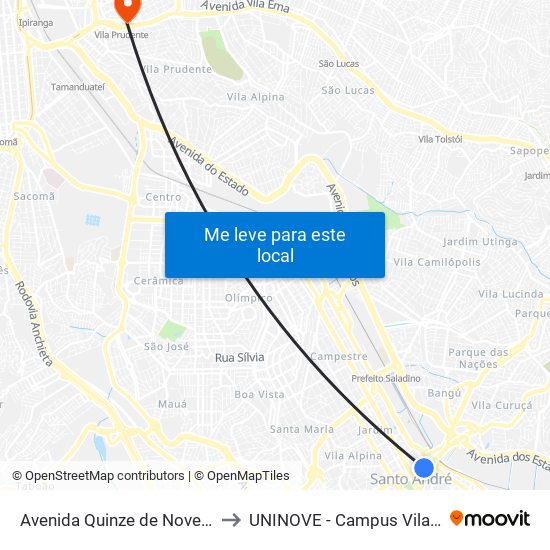 Avenida Quinze de Novembro 213 to UNINOVE - Campus Vila Prudente map