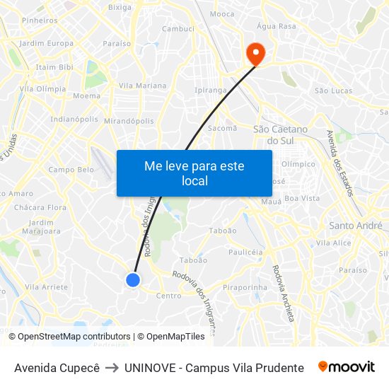 Avenida Cupecê to UNINOVE - Campus Vila Prudente map