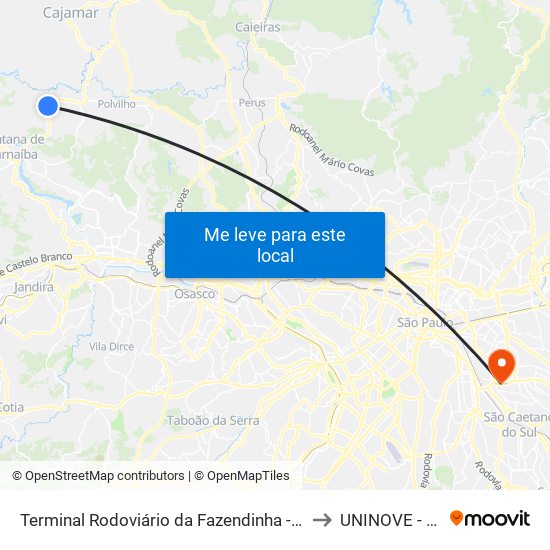 Terminal Rodoviário da Fazendinha - Parque dos Eucaliptos (Fazendinha), Santana de Parnaíba to UNINOVE - Campus Vila Prudente map