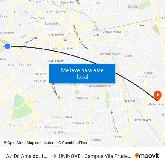 Av. Dr. Arnaldo, 128 to UNINOVE - Campus Vila Prudente map