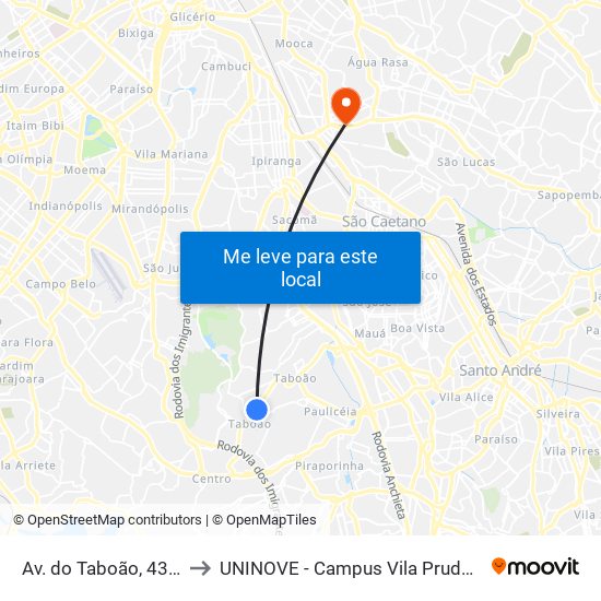 Av. do Taboão, 4311 to UNINOVE - Campus Vila Prudente map